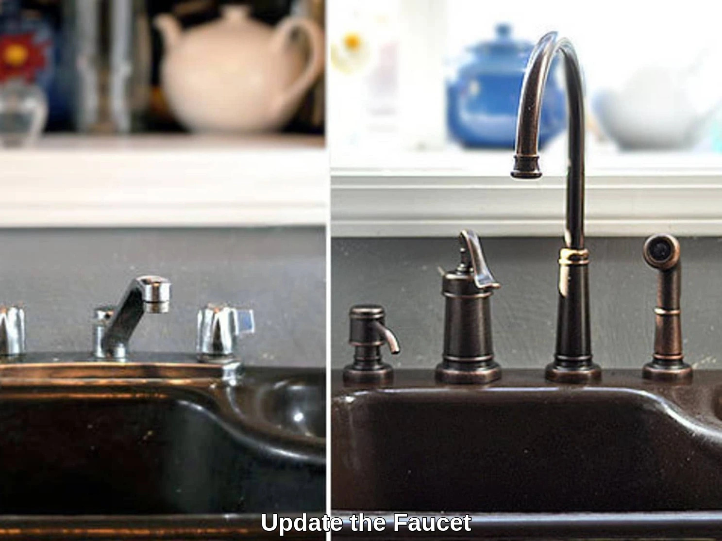 Before and after comparison of affordable kitchen makeover with modern finishes