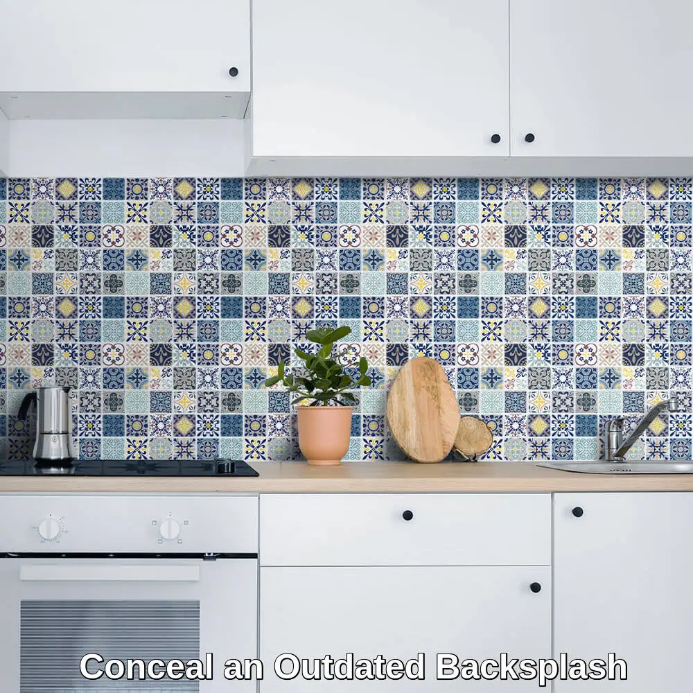 Affordable peel-and-stick kitchen backsplash in a modern Indian home