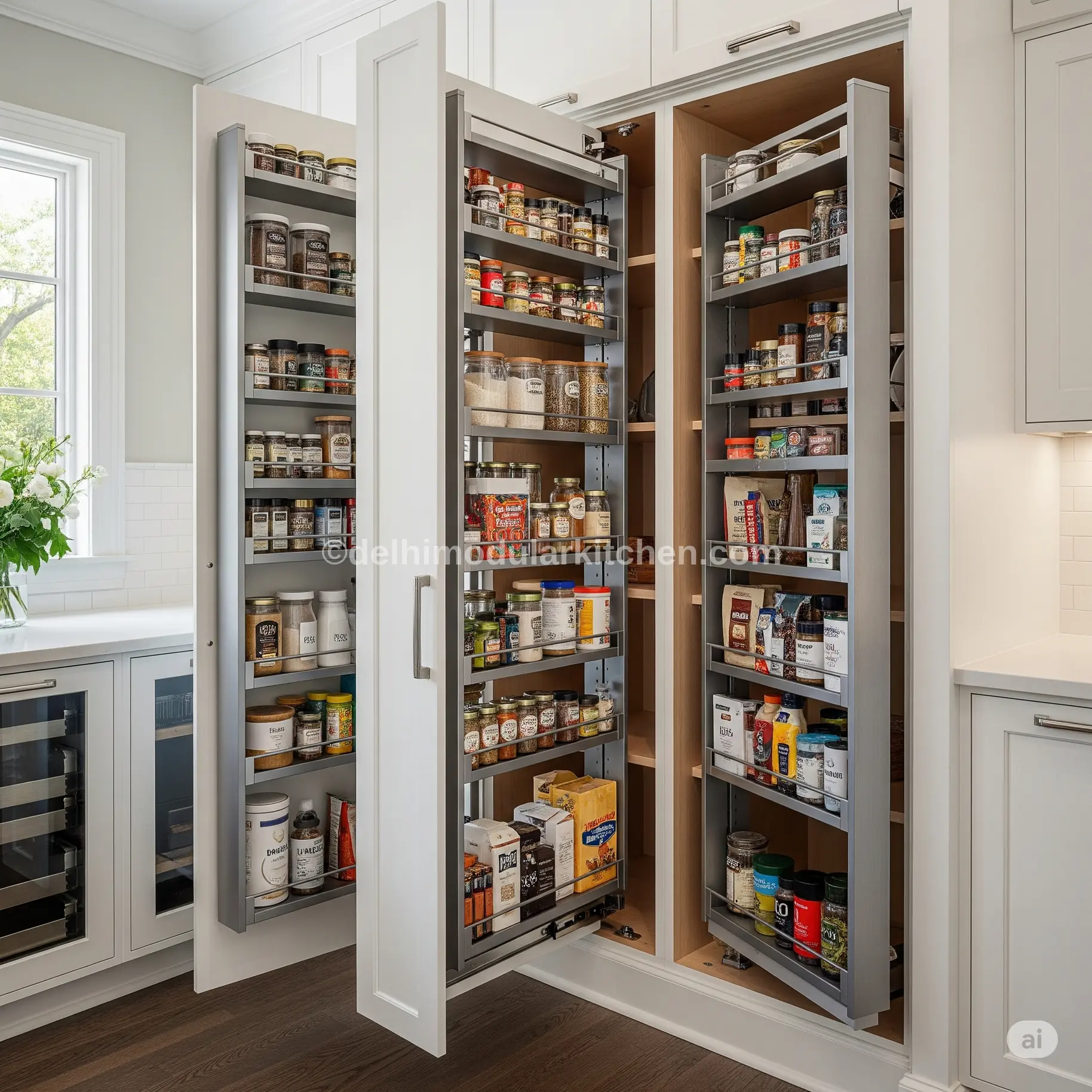 Optimized modular kitchen storage, pull-out pantry, magic corner unit, efficient kitchen organization USA.