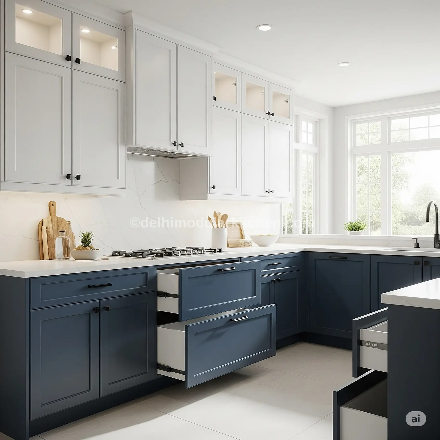 Stylish two-tone modular kitchen cabinets, shaker white, navy blue flat-panel, soft-close hardware, home improvement USA.