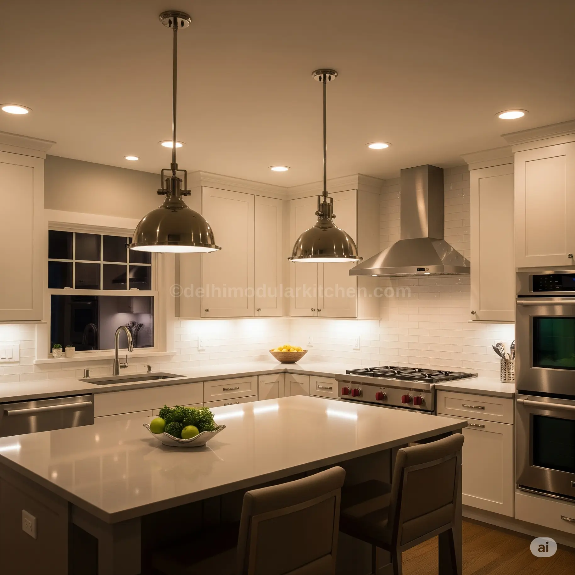 Layered lighting in modular kitchen, under-cabinet LEDs, pendant lights, recessed lighting, modern kitchen ambiance USA.