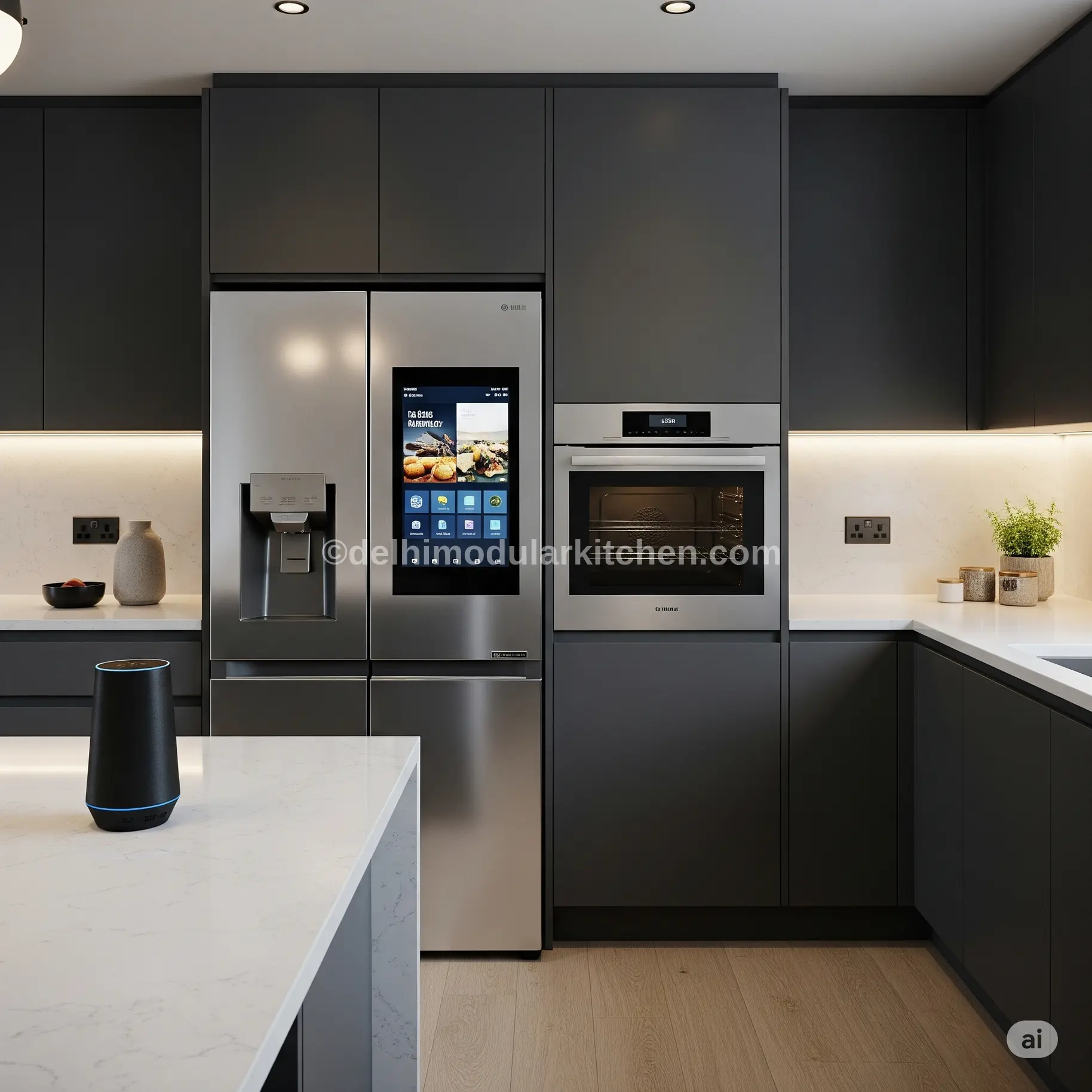 Smart modular kitchen with integrated smart refrigerator and oven, sleek grey cabinets, modern tech kitchen upgrades USA.
