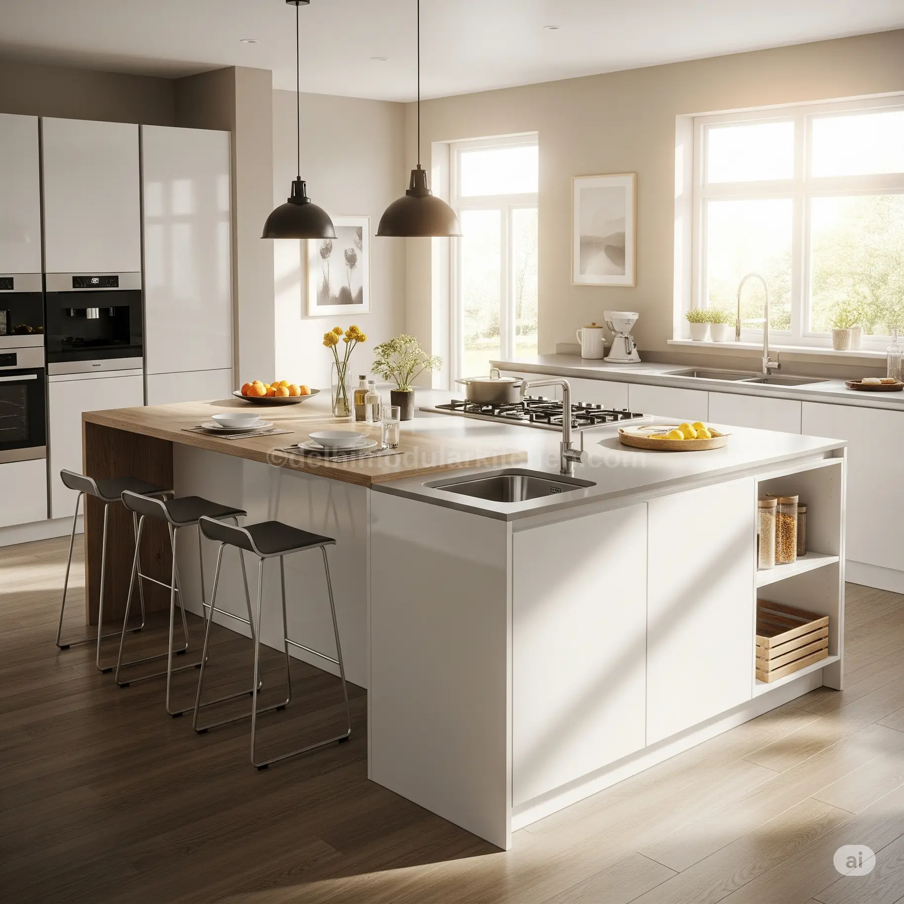 Multi-functional modular kitchen island, integrated seating, prep sink, open-concept kitchen design USA.