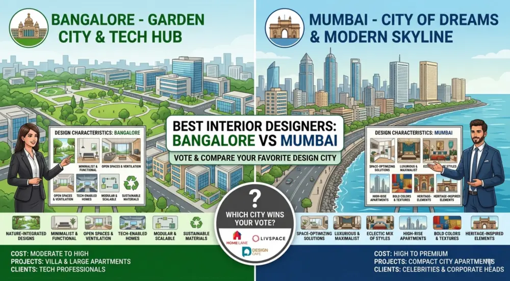 Best interior designers Bangalore vs Mumbai comparison showing pricing, service quality, reviews and pros and cons for home interiors in India