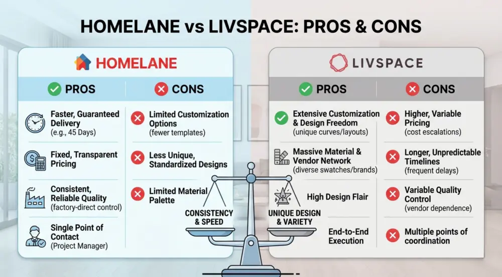 Homelane vs Livspace pros and cons comparison showing pricing, quality, customer reviews, service differences and interior design experience in India