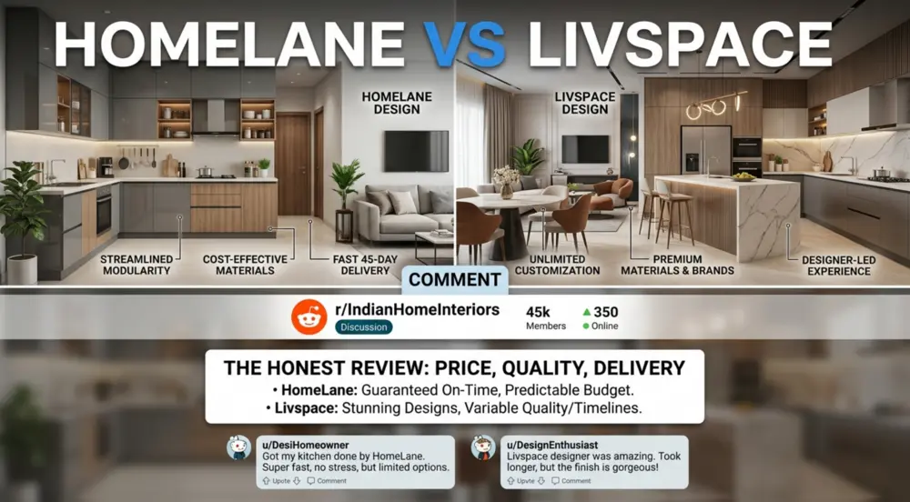 Homelane vs Livspace Reddit discussion showing real user reviews, experiences, complaints, pricing and pros and cons of interior design companies in India