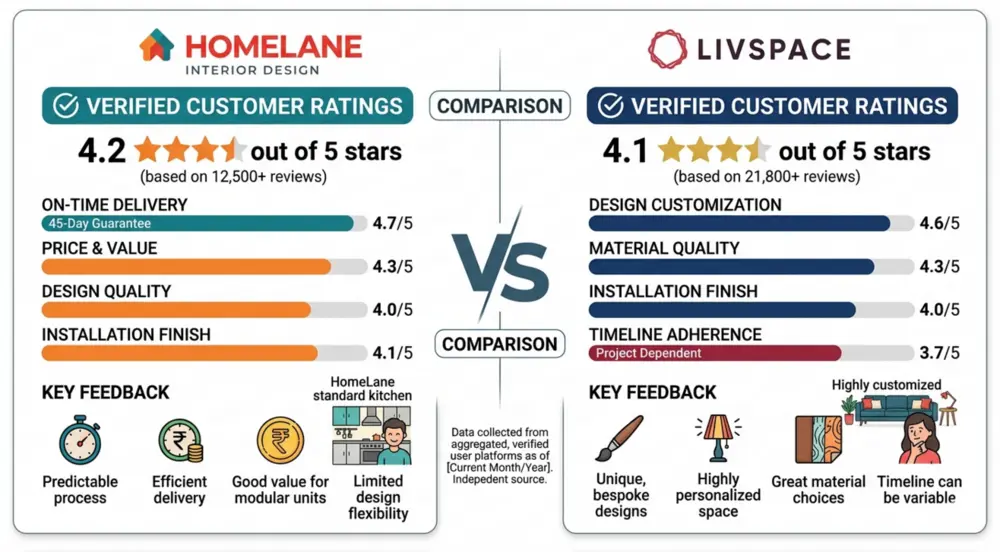 Homelane vs Livspace verified customer ratings comparison showing real user reviews, star ratings, service quality, pricing feedback and overall satisfaction in India