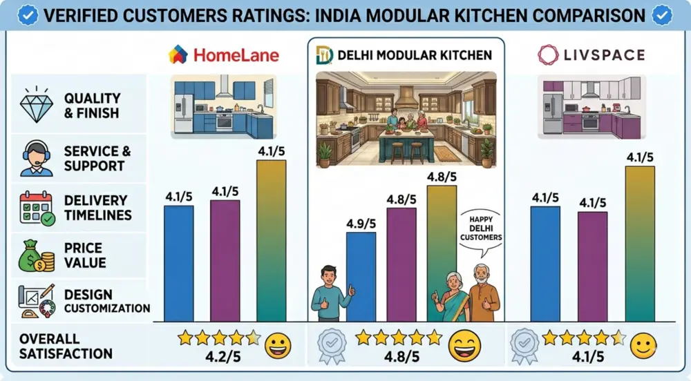 Homelane vs Livspace vs Delhi Modular Kitchen verified customer ratings comparison showing real reviews, pricing, service quality and interior design experience in Delhi and India