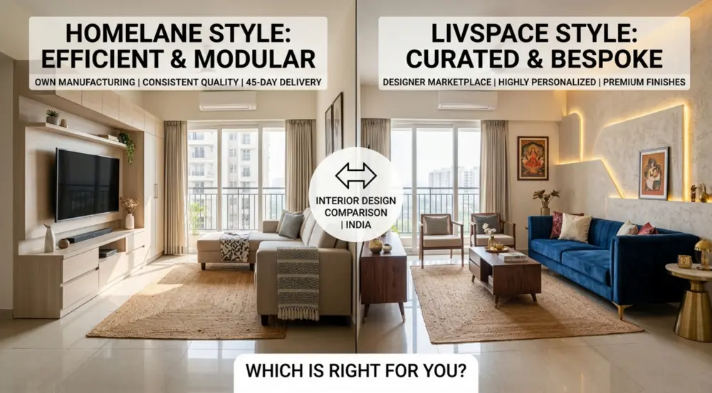 Interior design comparison India showing pricing, company reviews, service quality and pros and cons of top interior design companies