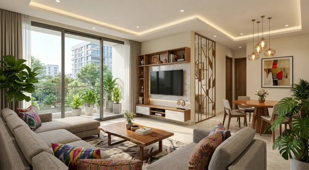 Modern home interiors India showing stylish living room, kitchen and bedroom design ideas with modern trends, layouts and decor inspiration for Indian homes